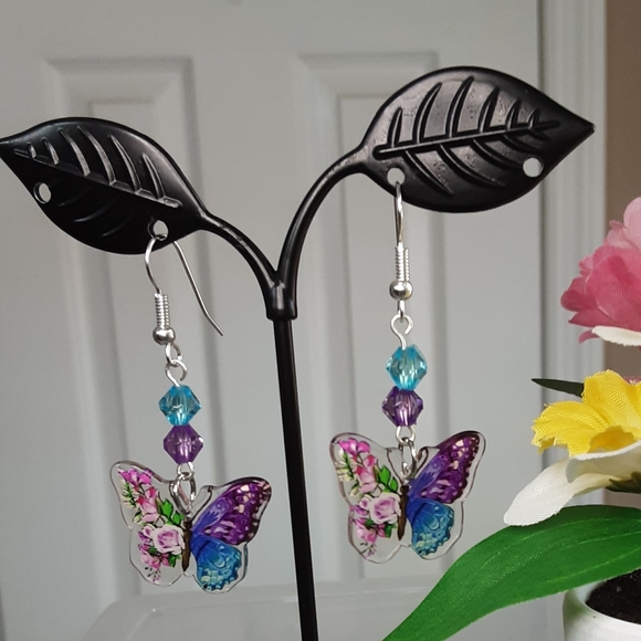 Handmade Butterfly Earrings Resin Purple Teal - Picture 4 of 5